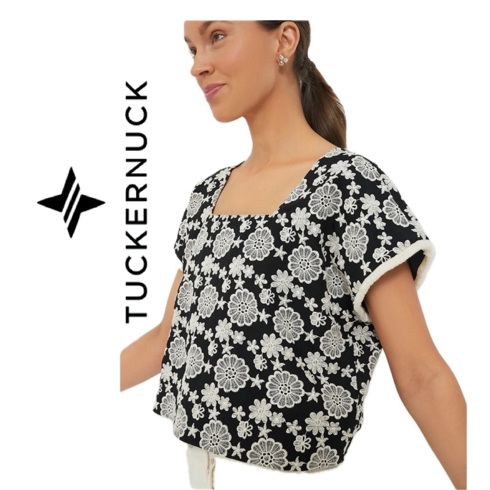 Hyacinth House Tuckernuck Black White Floral Lace‎ Square Neck Crop Top Small